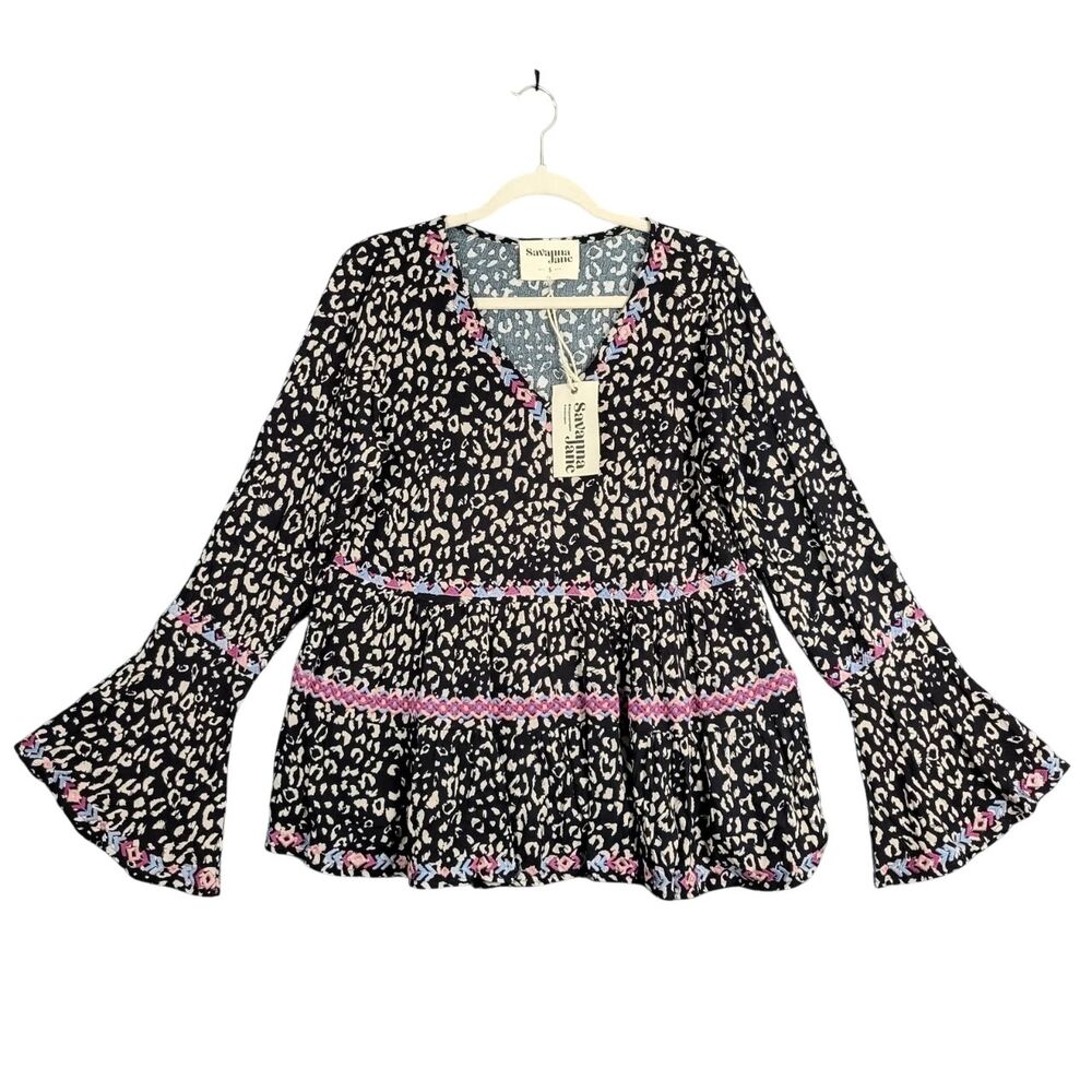 NWT SAVANNA JANE Black Leopard Embroidered Tiered Bell Sleeve Top SIZE SMALL